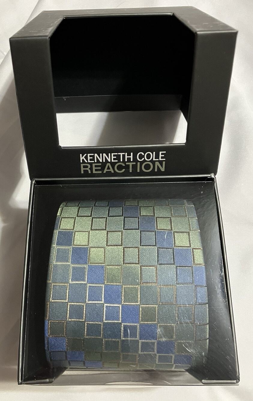 Mens Kenneth Cole Reaction 100% Silk Necktie Geometric Pattern Blue Green NIB